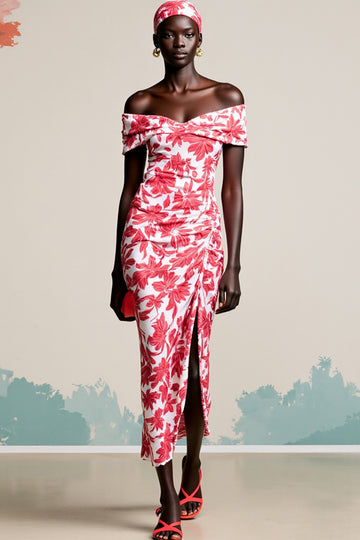 Red Floral Off The Shoulder Bodycon Wedding Guest Dress With Slit